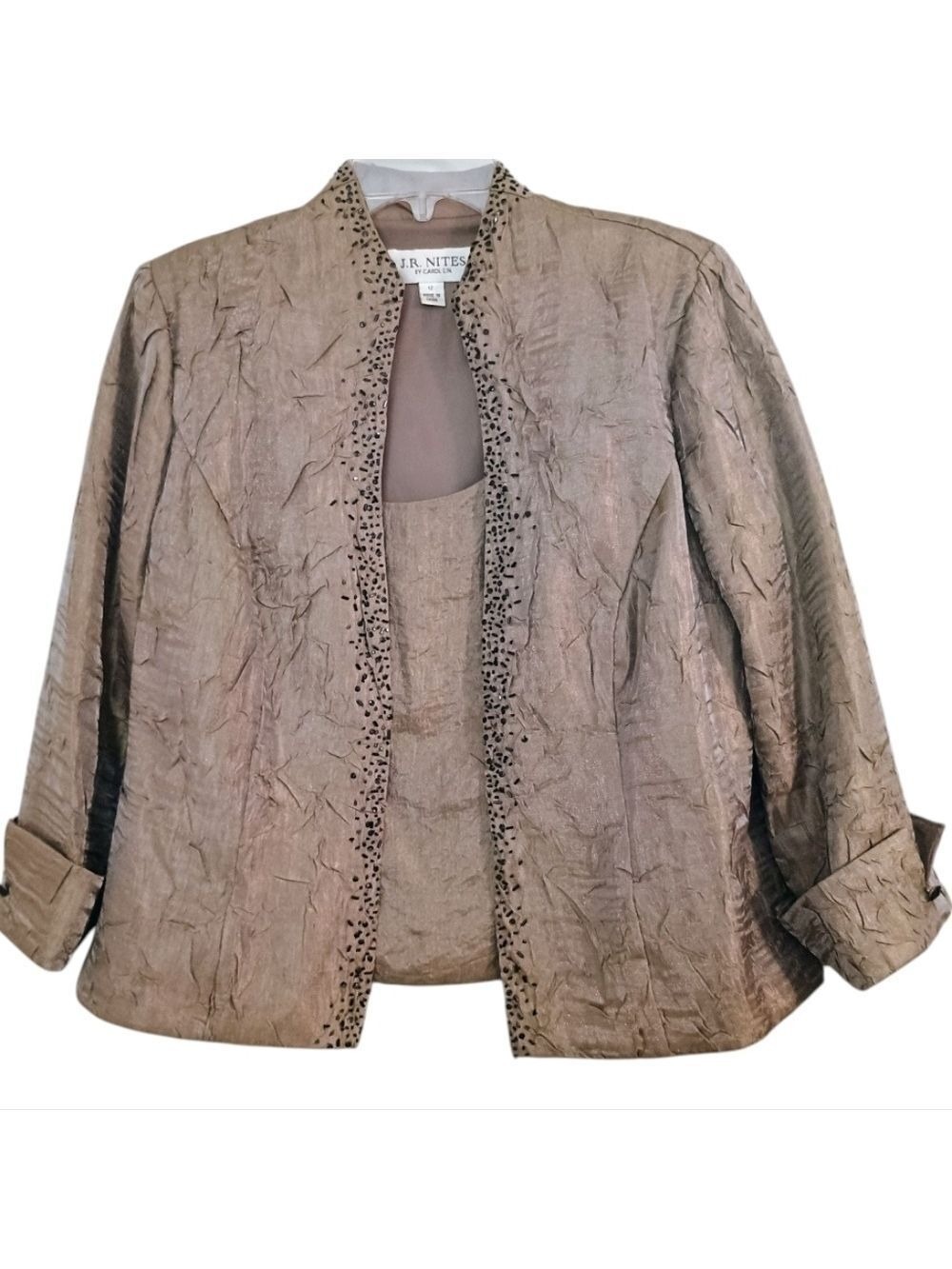 Vintage J R Nites Carol Lin Crinkled Beaded Jacket & Top Size 12 Elegany Glam